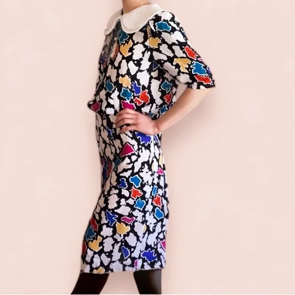 Vintage 1980s J.B. Too Blouson Abstract Print Midi Dress Multicolor Size… - Picture 3 of 15